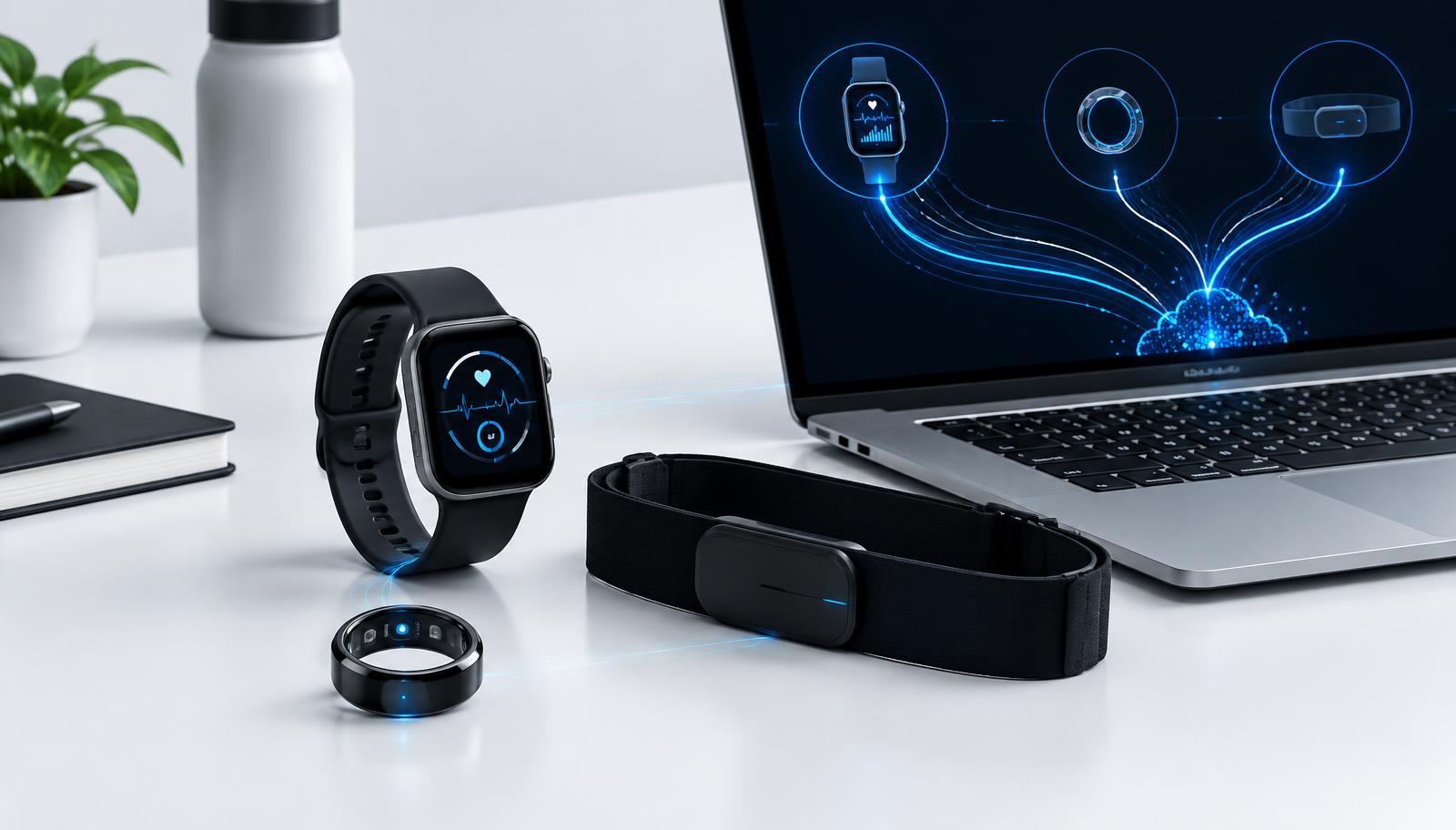Different wearables, a smartwatch, a ring and a chest strap, arranged on a desk beside a laptop showing data moving between devices.