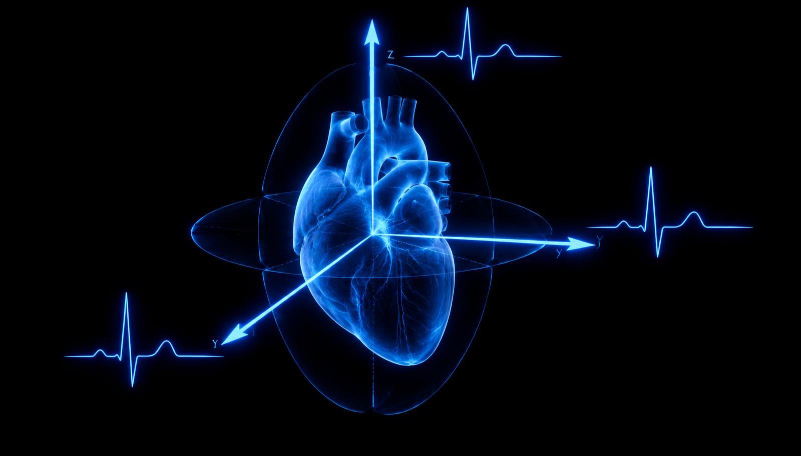 Three orthogonal vector axes emerging from a heart, with ECG traces.
