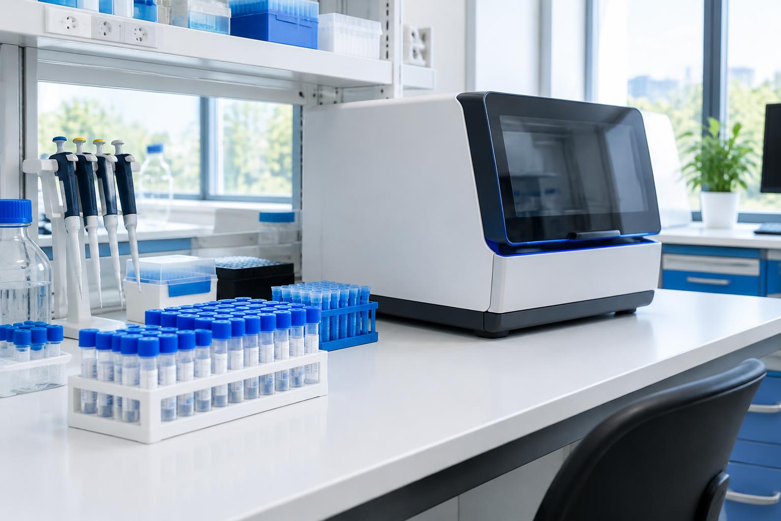 A closed laboratory instrument sits beside sealed sample tubes on a white counter. AI-generated editorial illustration, not a GSK or Ionis facility.