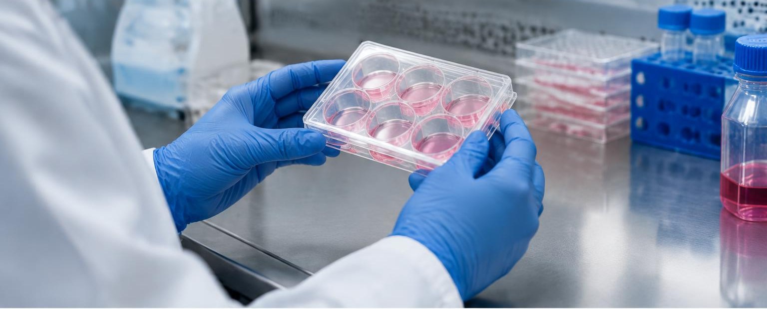 Gloved hands holding a cell culture plate. AI-generated editorial illustration.