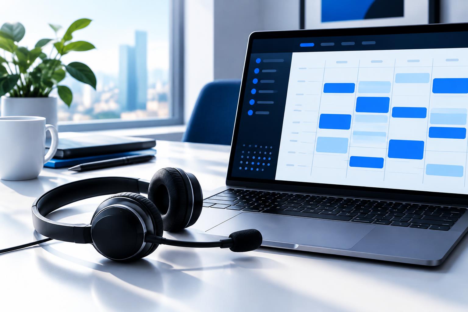 A telephone headset beside a laptop showing an abstract appointment grid. AI-generated editorial illustration, not an Invoca deployment.