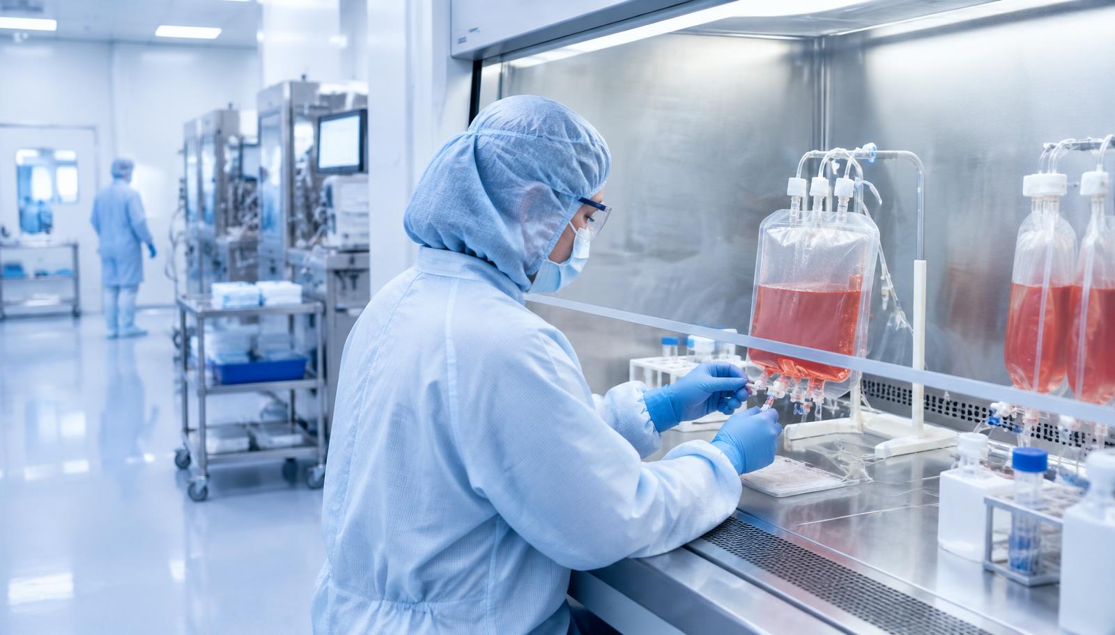 A gowned technician works with cell culture bags inside a biosafety cabinet.