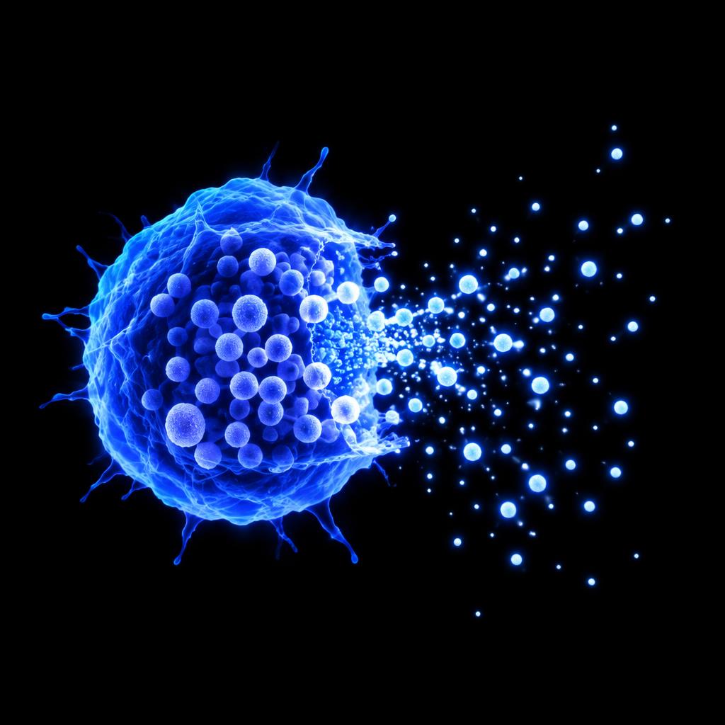 A mast cell releasing inflammatory mediators, the trigger BTK inhibition silences.
