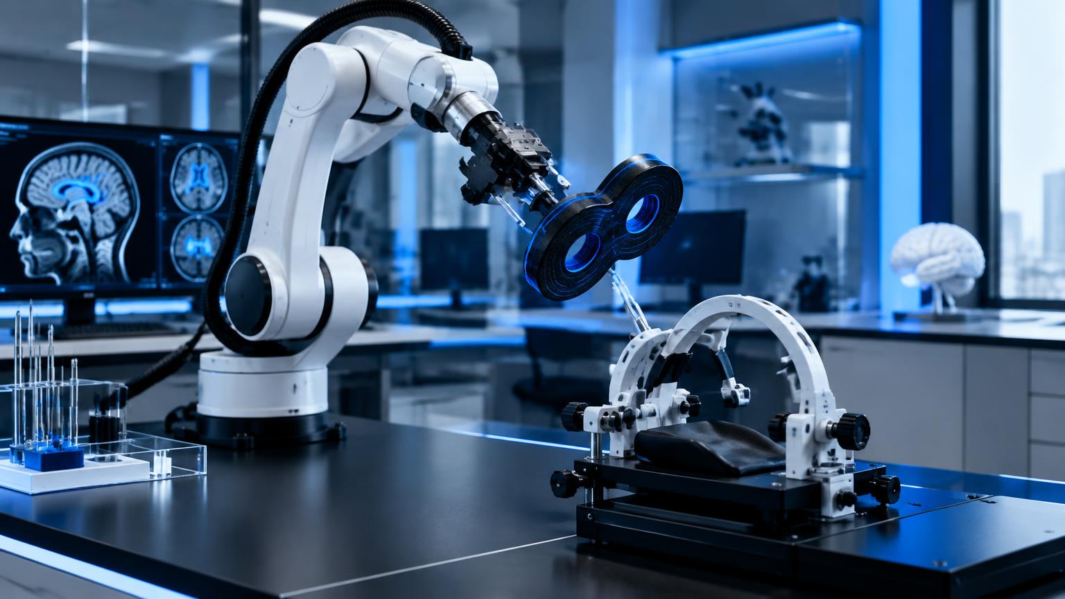 A neurosurgery research laboratory with a robotic arm and electromagnetic coil apparatus on a bench. AI-generated editorial illustration.