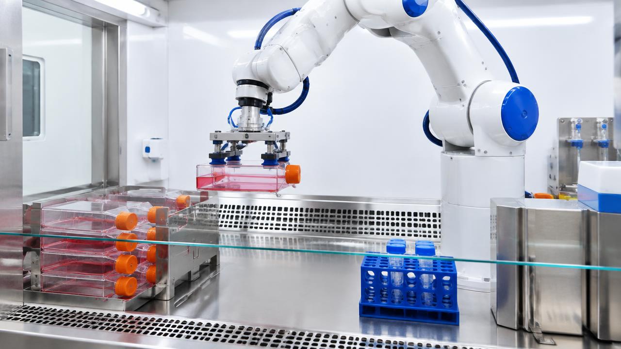 An enclosed laboratory robot handles sealed culture vessels behind a glass screen. AI-generated editorial illustration, not a Multiply Labs product photograph.