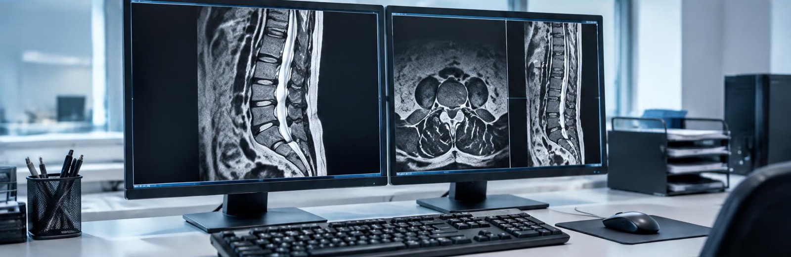 A radiology workstation displays illustrative lumbar spine images. AI-generated editorial illustration, not actual NextMR output.