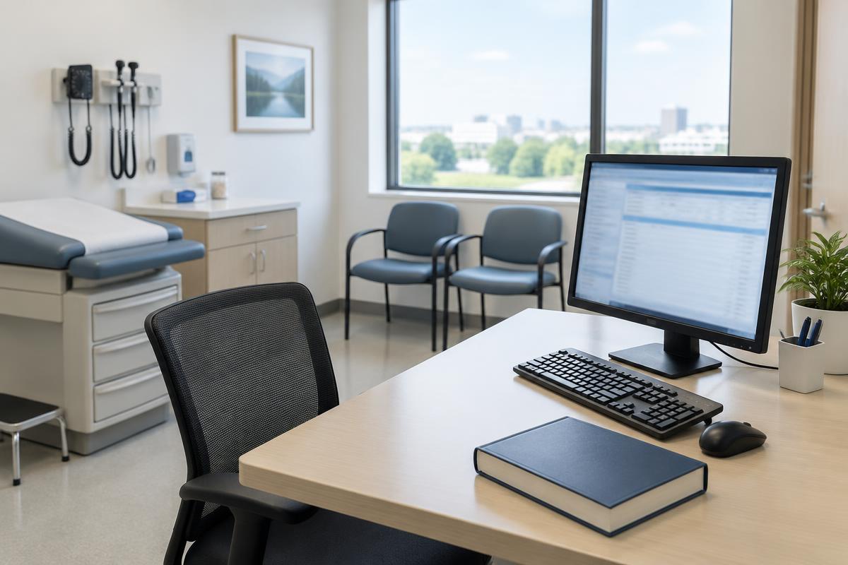 A computer, keyboard and closed reference book sit in a bright consultation room. AI-generated editorial illustration, not an NYU Langone deployment.