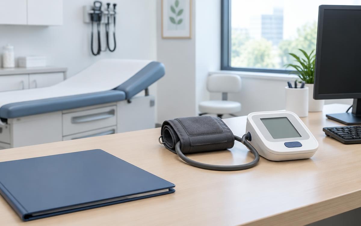 A blood pressure monitor and unused cuff rest on a clinic desk. AI-generated editorial illustration, not an actual company deployment.