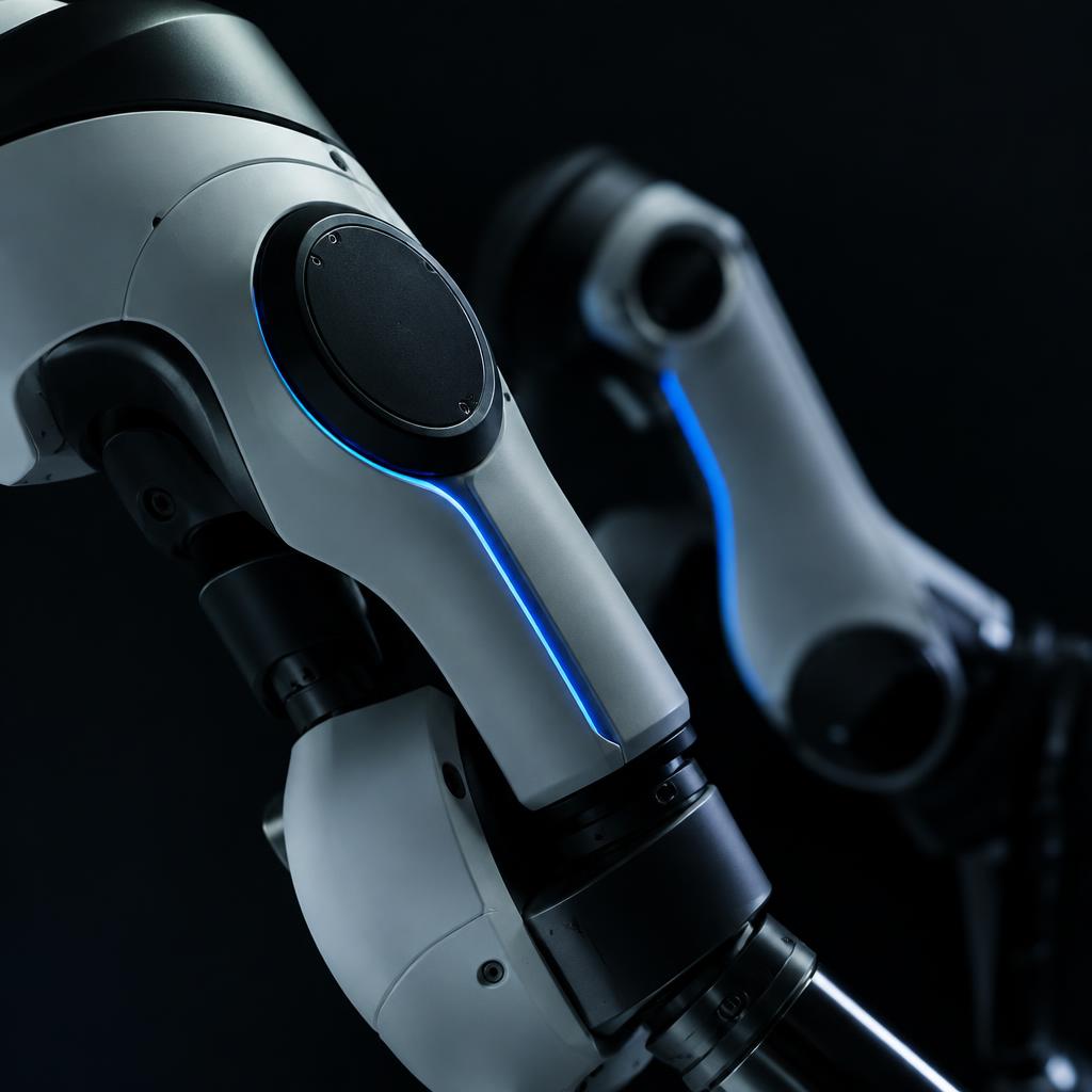 A close-up of precision robotic surgical arm joints. AI-generated editorial illustration.