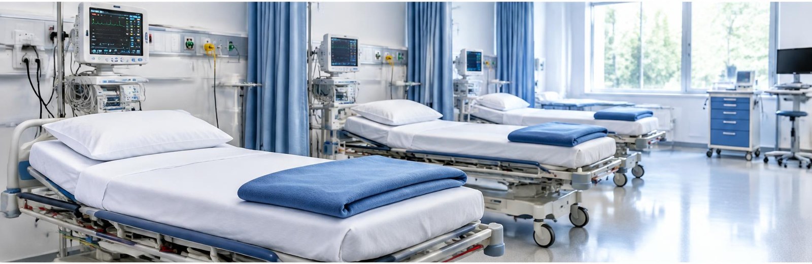 An empty recovery room with beds and monitoring equipment. AI-generated editorial illustration.