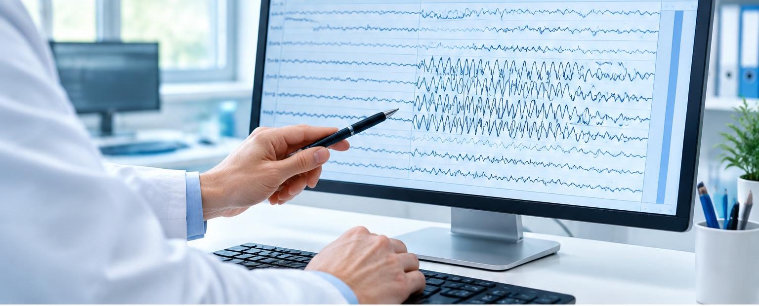 A clinician reviewing EEG waveforms on a monitor. AI-generated editorial illustration.