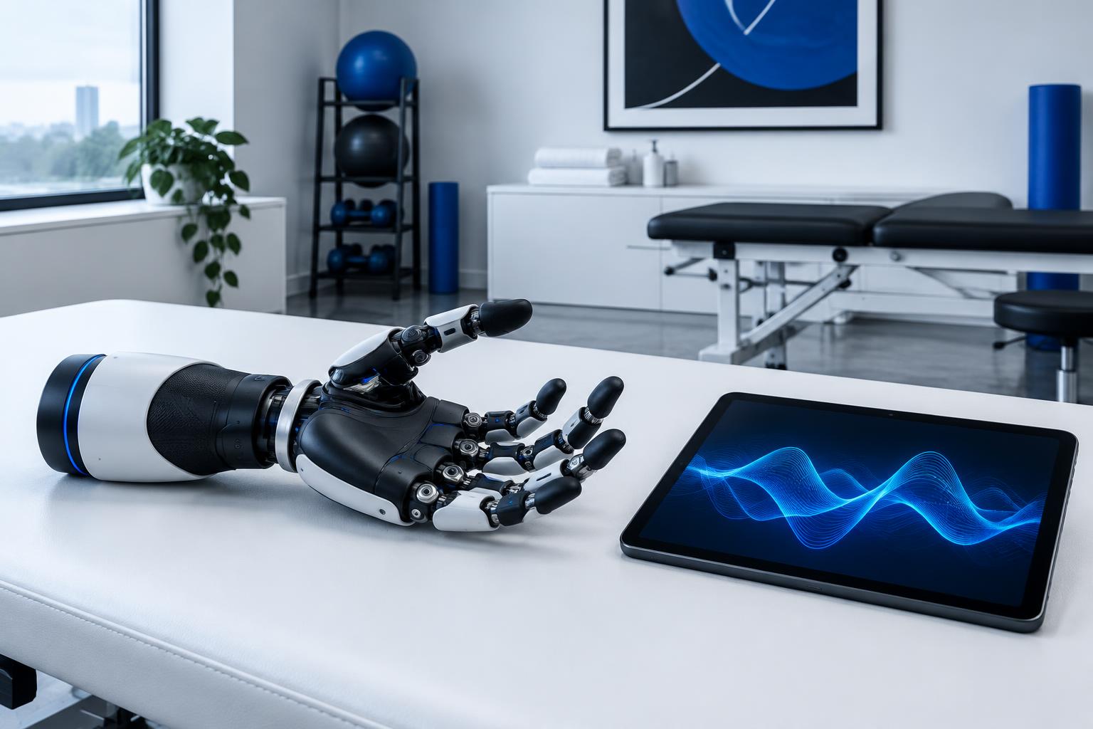 A modern prosthetic hand rests beside a tablet showing abstract signal waveforms in a rehabilitation clinic. AI-generated editorial illustration, not a Phantom Neuro device or study site.