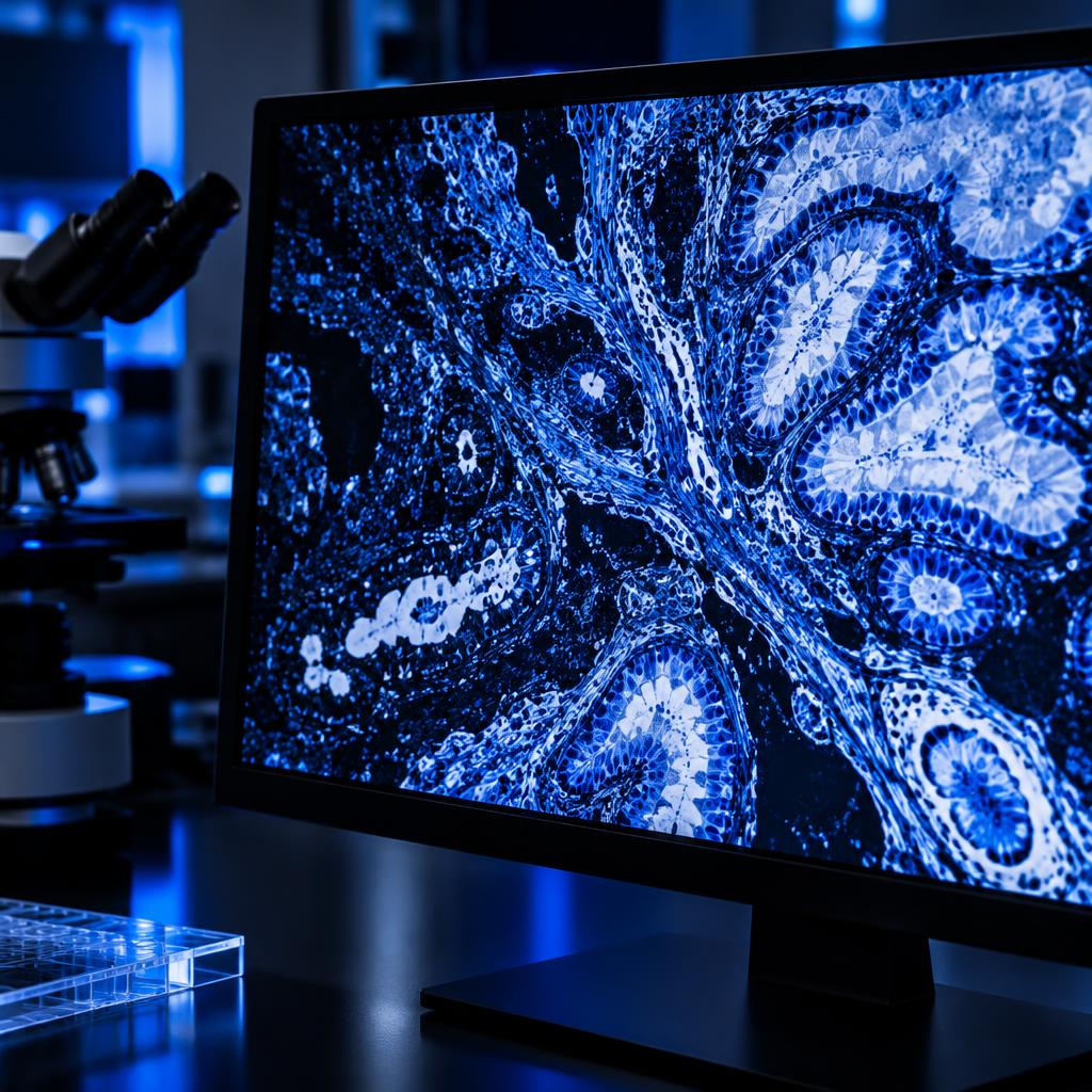 A monitor displaying a gigapixel digital pathology slide image in a laboratory. AI-generated editorial illustration.