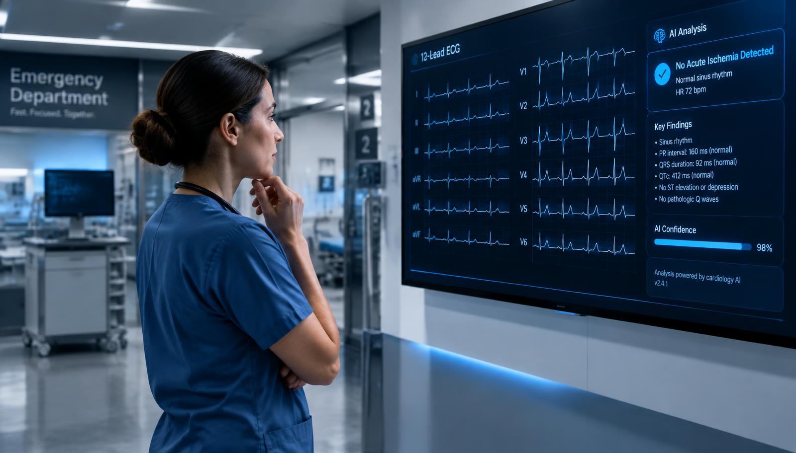 Clinicians reviewing a 12-lead ECG with AI decision support in a modern emergency department.