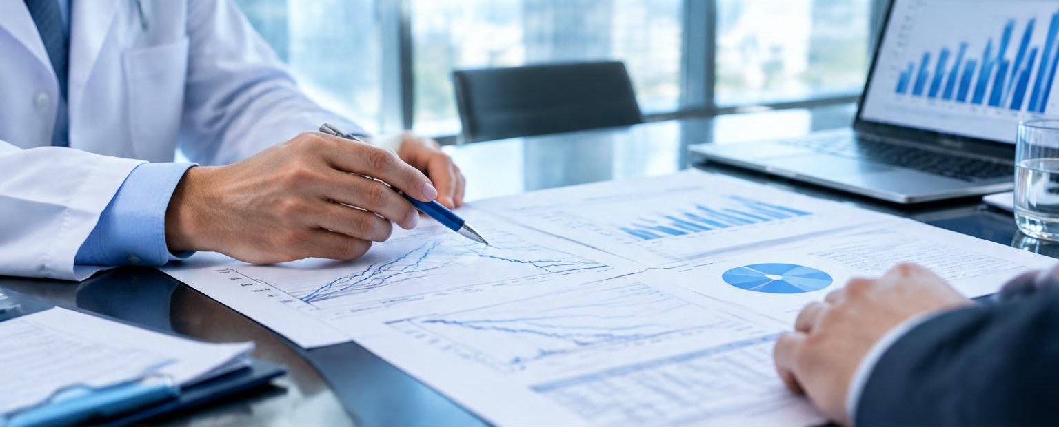 Hands reviewing trial charts in a clinical meeting. AI-generated editorial illustration.