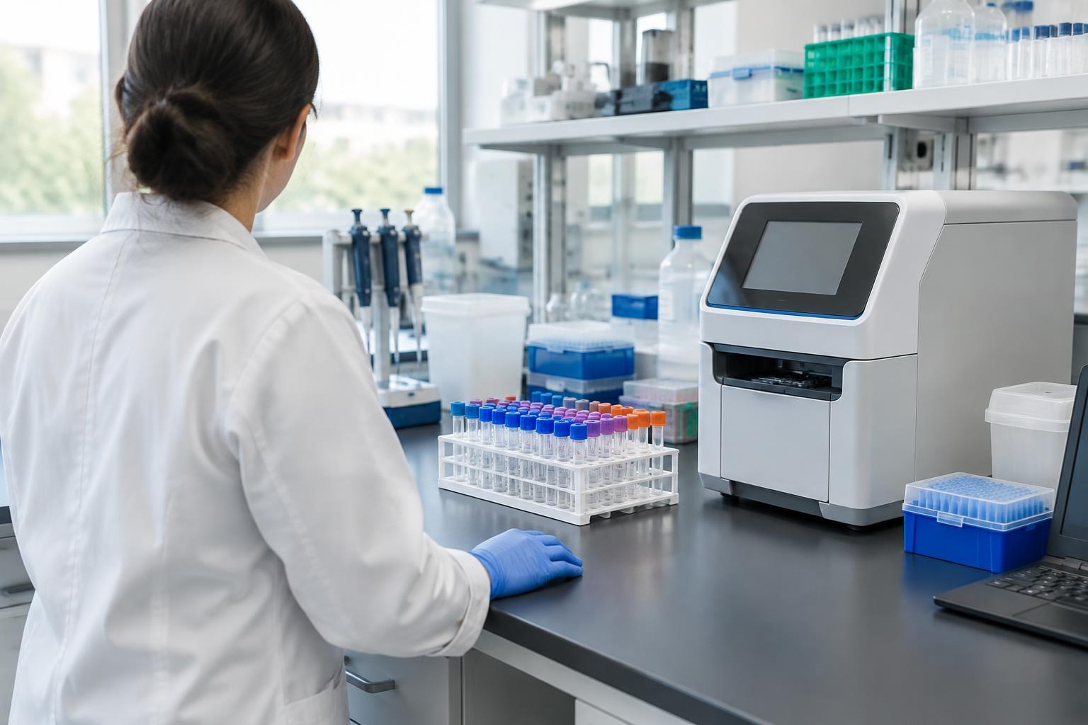 A scientist works beside sealed sample tubes and a laboratory analyzer. AI-generated editorial illustration of molecular research, not a ReSCUED instrument.