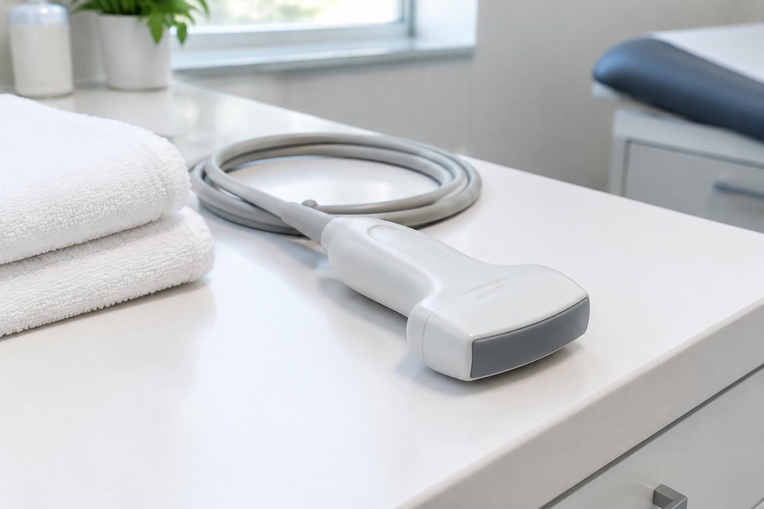 A generic ultrasound probe and cable rest beside folded towels on a clinical worktop. AI-generated editorial illustration, not an Accuro XV transducer.