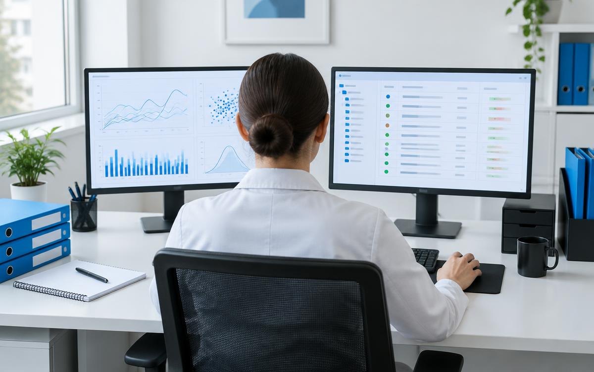 A reviewer examining abstract test results and software records on two monitors. AI-generated editorial illustration.