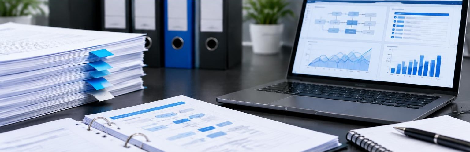 Tabbed assessment files and a laptop sit on a review worktop. AI-generated editorial illustration of documentation review, not Scarlet software.