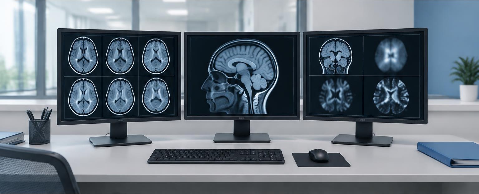 A radiology workstation displays several brain MRI views. Conceptual AI-generated editorial illustration of image review, not TumorSight Risk output or breast cancer imaging.