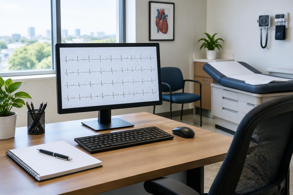 A monitor displays rhythm traces beside a notebook in an empty consultation room. AI-generated editorial illustration, not a Rhyvive study site.
