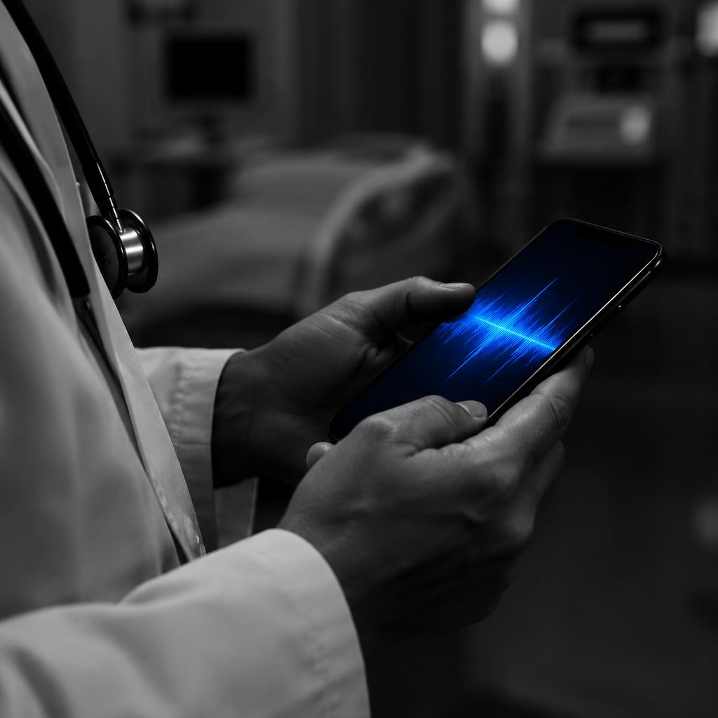 A physician holding a smartphone displaying a glowing audio waveform in a clinical setting. AI-generated editorial illustration.