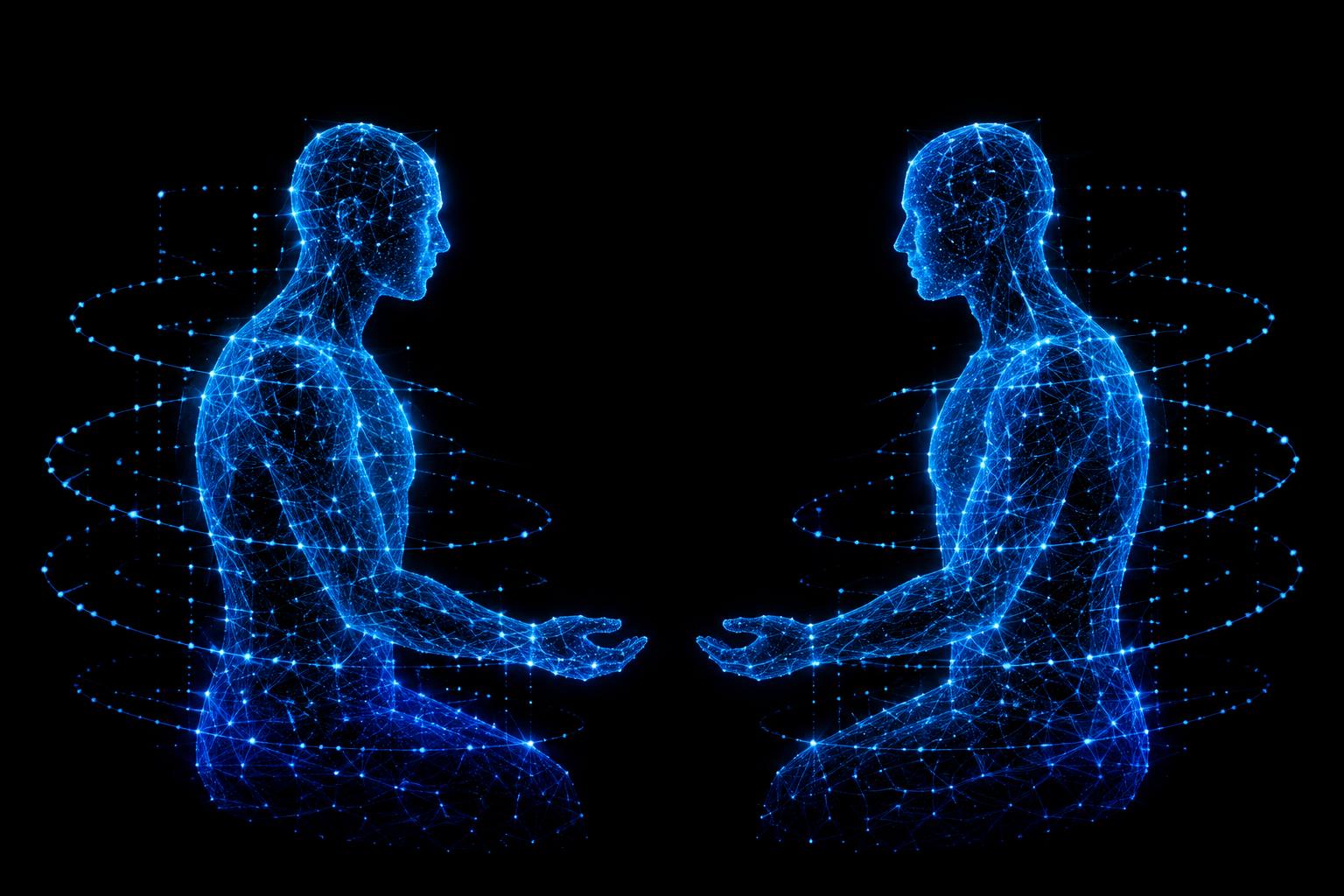 A digital twin concept: a wireframe patient figure mirrored by a computational data model. AI-generated editorial illustration.