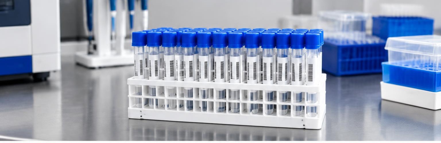 Sealed sample transport tubes sit in an orderly laboratory rack. AI-generated editorial illustration of laboratory logistics, not a Teal processing site.