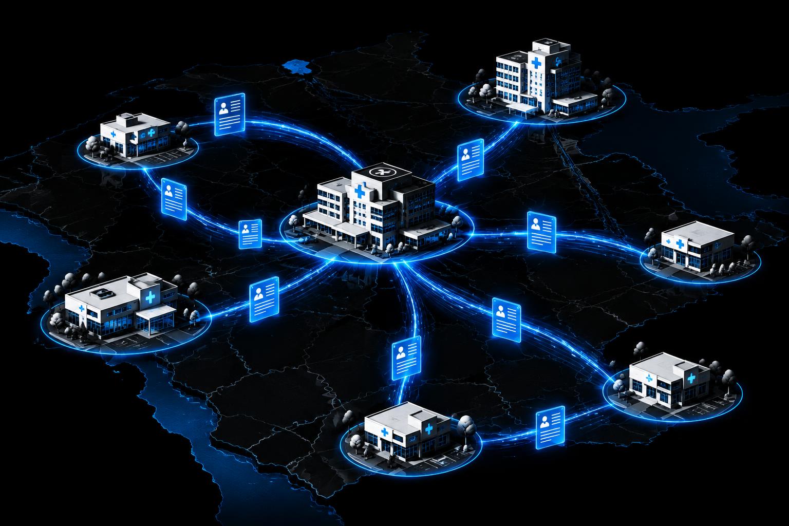 A network of hospital and clinic nodes exchanging patient records as glowing data streams. AI-generated editorial illustration.