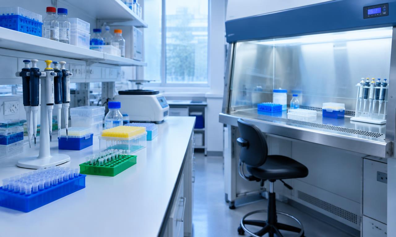 A clean oncology research laboratory with pipettes and sample racks under cool light. AI-generated editorial illustration.