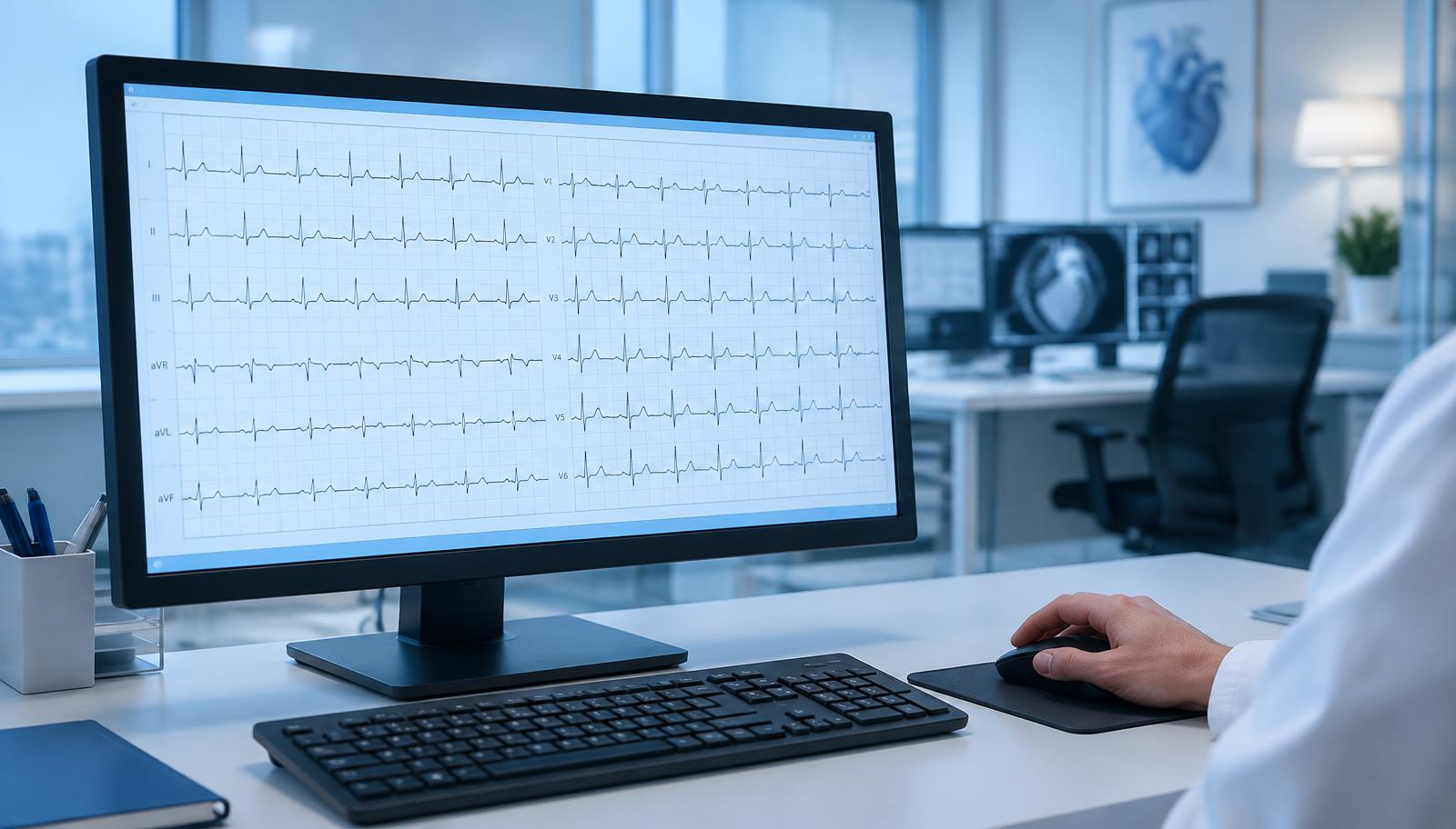 A 12-lead ECG tracing on a cardiology workstation monitor.