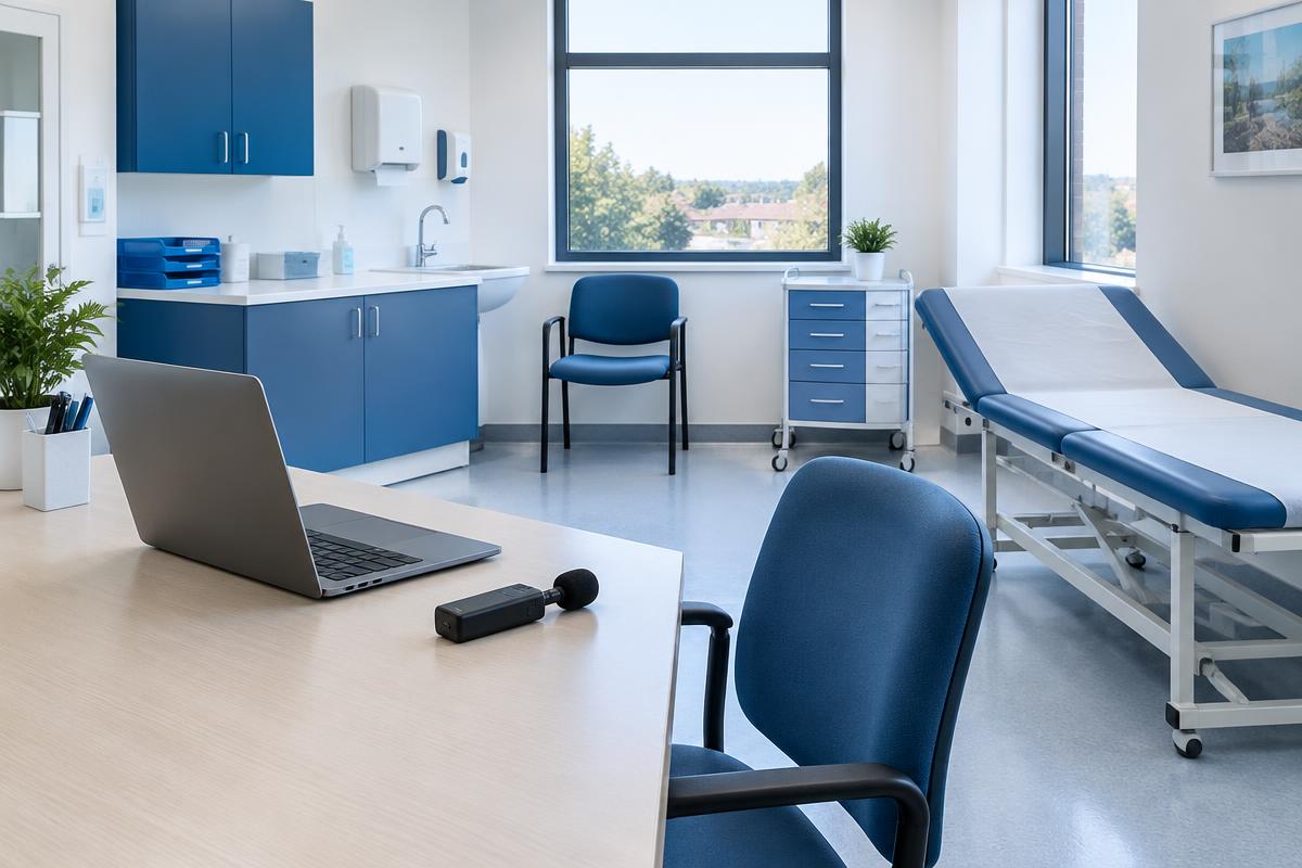 A microphone and laptop sit on a desk in an empty consultation room. AI-generated editorial illustration, not Leeds General Infirmary.