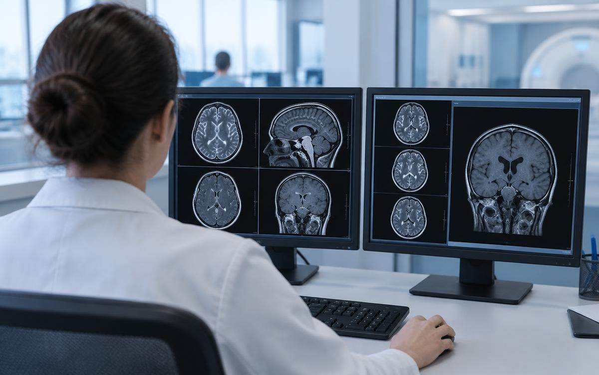 A clinician reviewing brain MRI images at a radiology workstation, illustrating image-review workflows rather than TumorSight output. AI-generated editorial illustration.