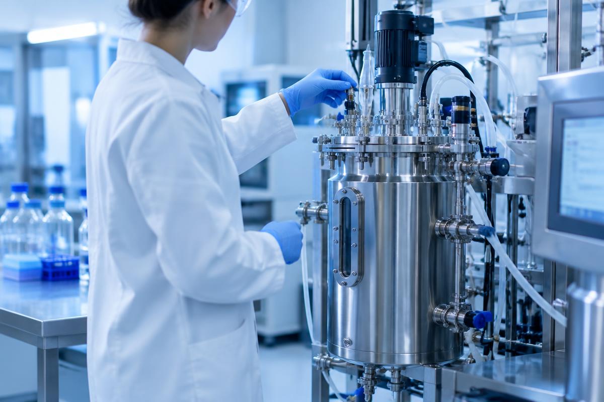 A scientist adjusts a stainless steel bioreactor in a protein manufacturing lab.