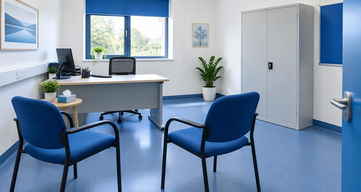 Two blue chairs, a clinical workstation and a closed cabinet in an empty consultation room. AI-generated editorial illustration.
