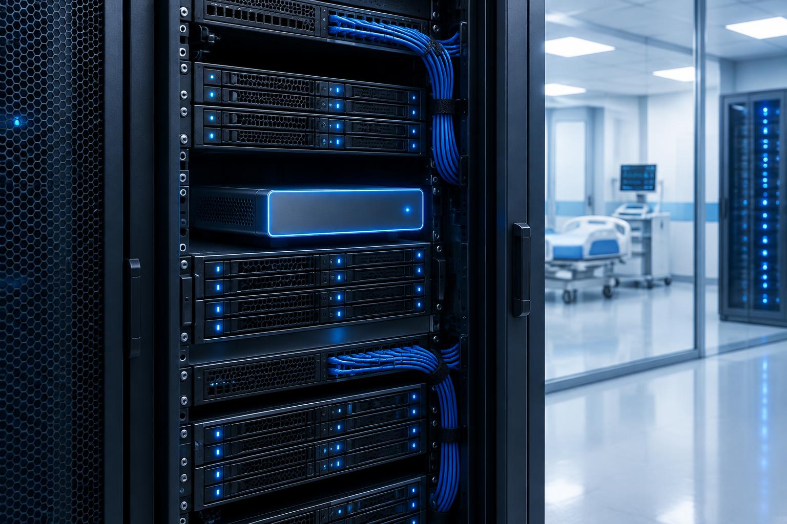 A hospital equipment rack with a small edge-compute module glowing beside theatre cabling. AI-generated editorial illustration, not an XRlabs installation.