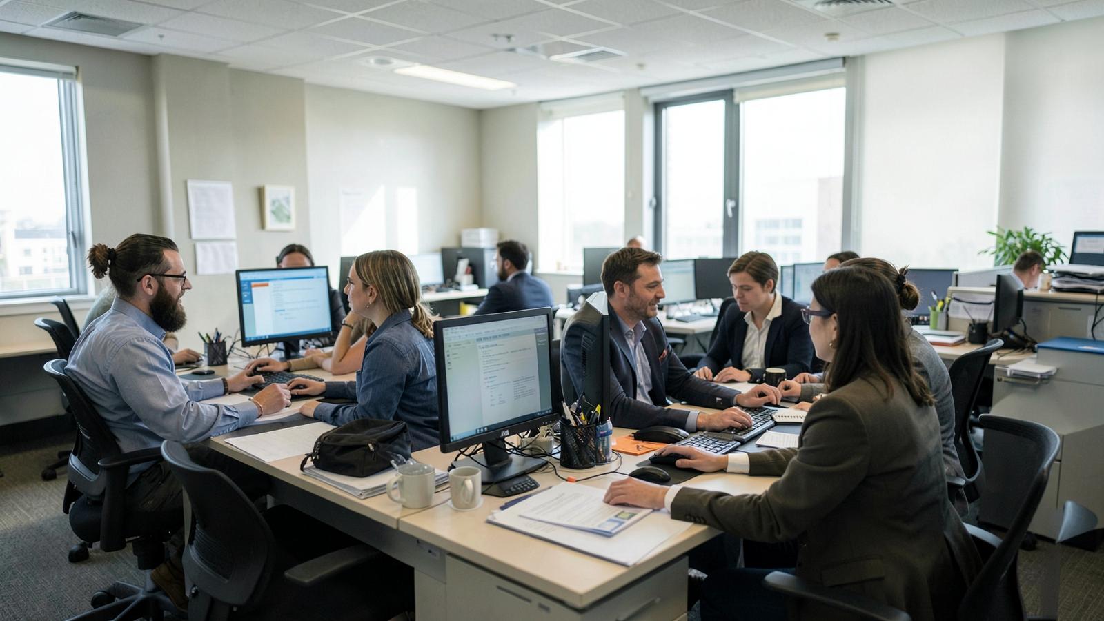 An administrative team works through case files on desktop monitors in an open office, the coding queue environment AI tools now partially automate.