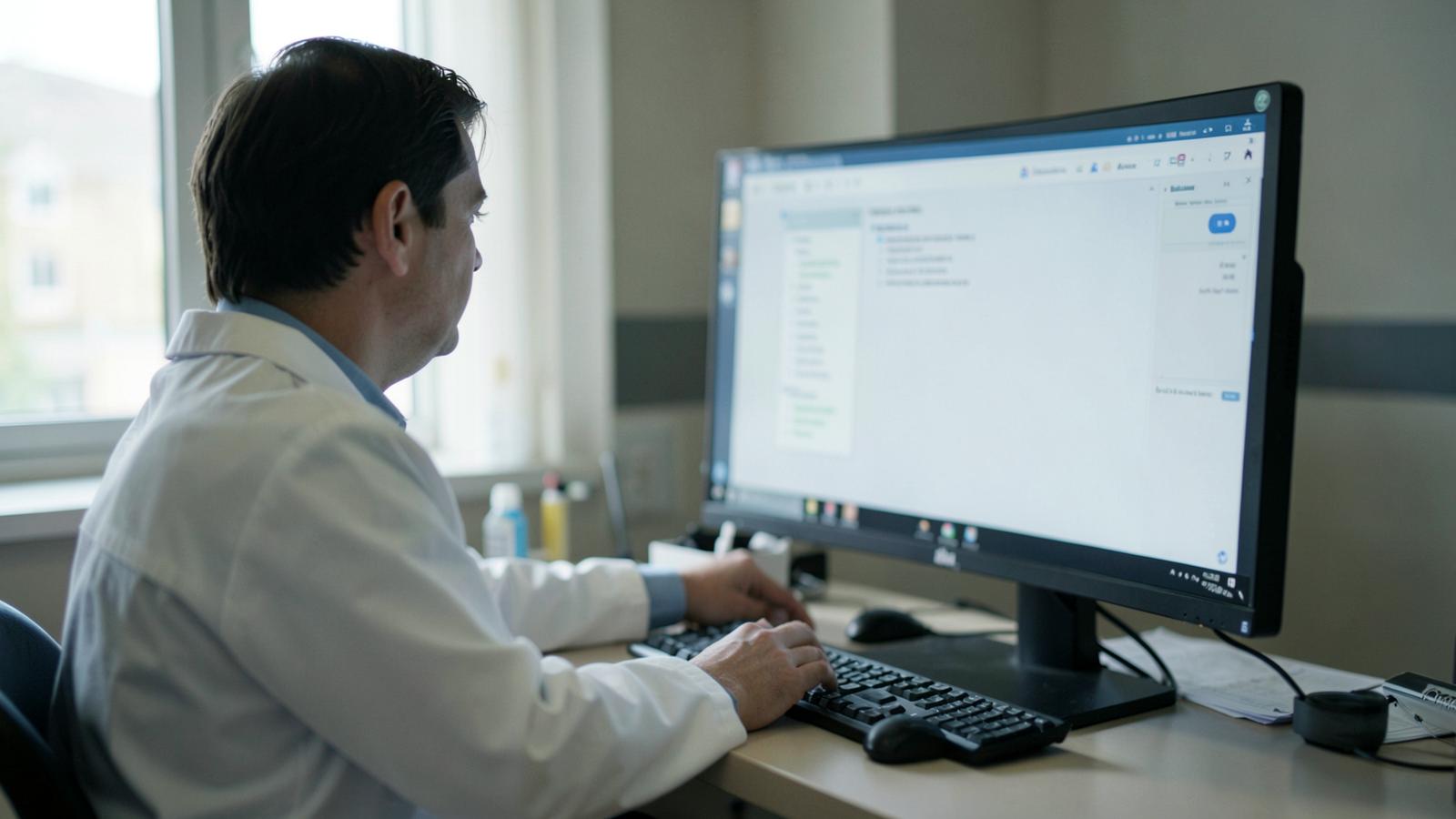 A doctor reviews a chart on a clinic monitor, the kind of clinical documentation that ultimately determines whether a coded claim holds up.