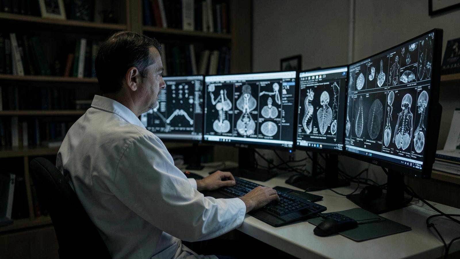 A radiologist studies scans across multiple monitors in a reading room.