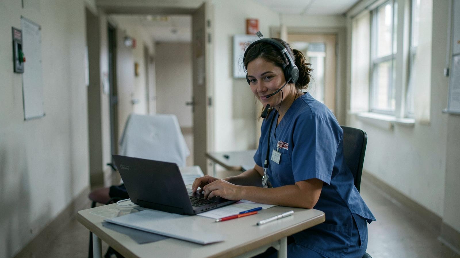 A nurse in blue scrubs works a headset and laptop in a clinic corridor, the frontline triage role AI tools are built to support.