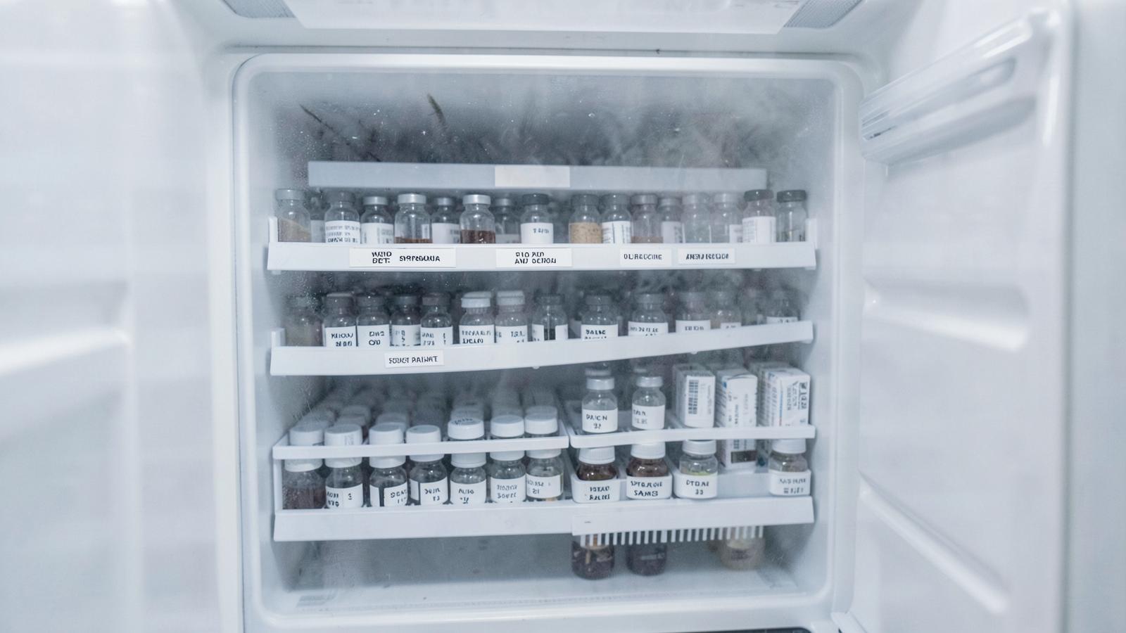 Racks of labelled sample vials sit inside an open cold storage freezer with frost vapour, the kind of storage step needed once biomarker samples are.