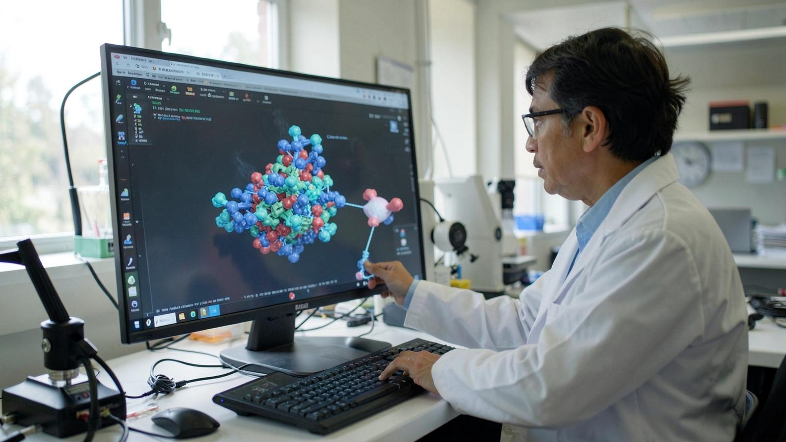 A scientist in a lab coat studies a colourful 3D protein structure on a large monitor, the kind of structural analysis generative chemistry models are.