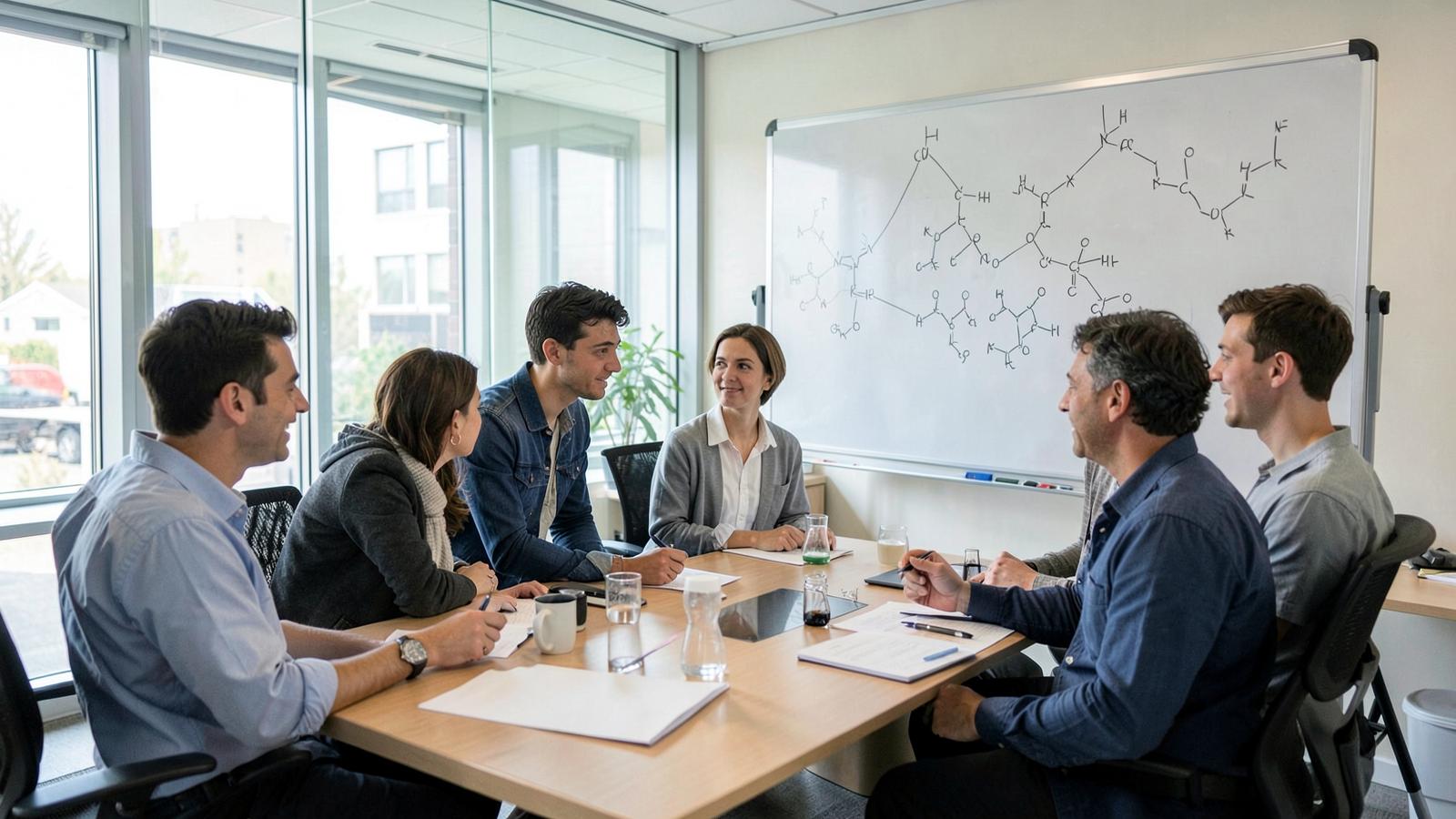 Six colleagues sit around a table in a glass walled meeting room with molecule diagrams on a whiteboard, the kind of upfront statistical and regulatory.