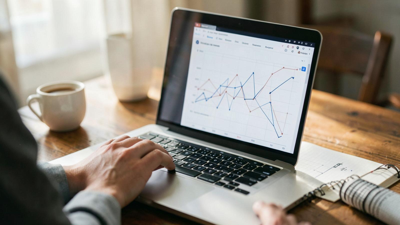 A hand works a laptop showing a line chart beside a coffee cup and notebook, the quiet desk work behind a down round nobody announces.