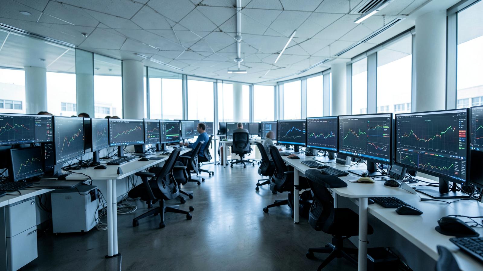 Rows of desks with monitors showing market data fill a bright office, the shared capital markets view linking biotech and digital health investors.