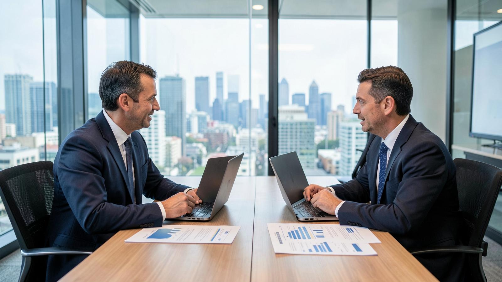 Two investors speak across a boardroom table with a city skyline in view, the kind of meeting where crossover capital is allocated across sectors.