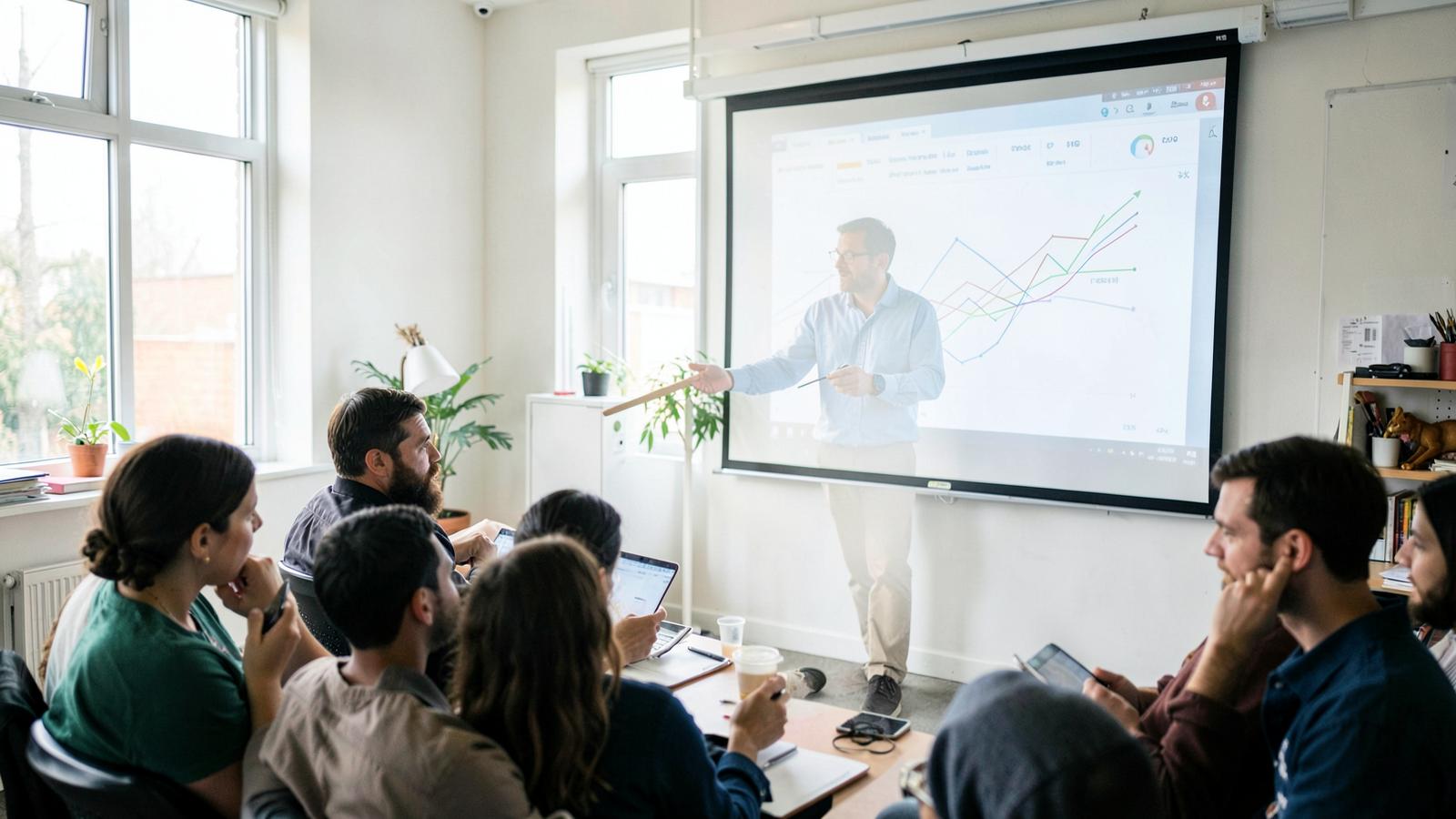 A founder presents growth charts on a projector screen to a seated team, the pitch stage that should follow, not precede, real evidence.