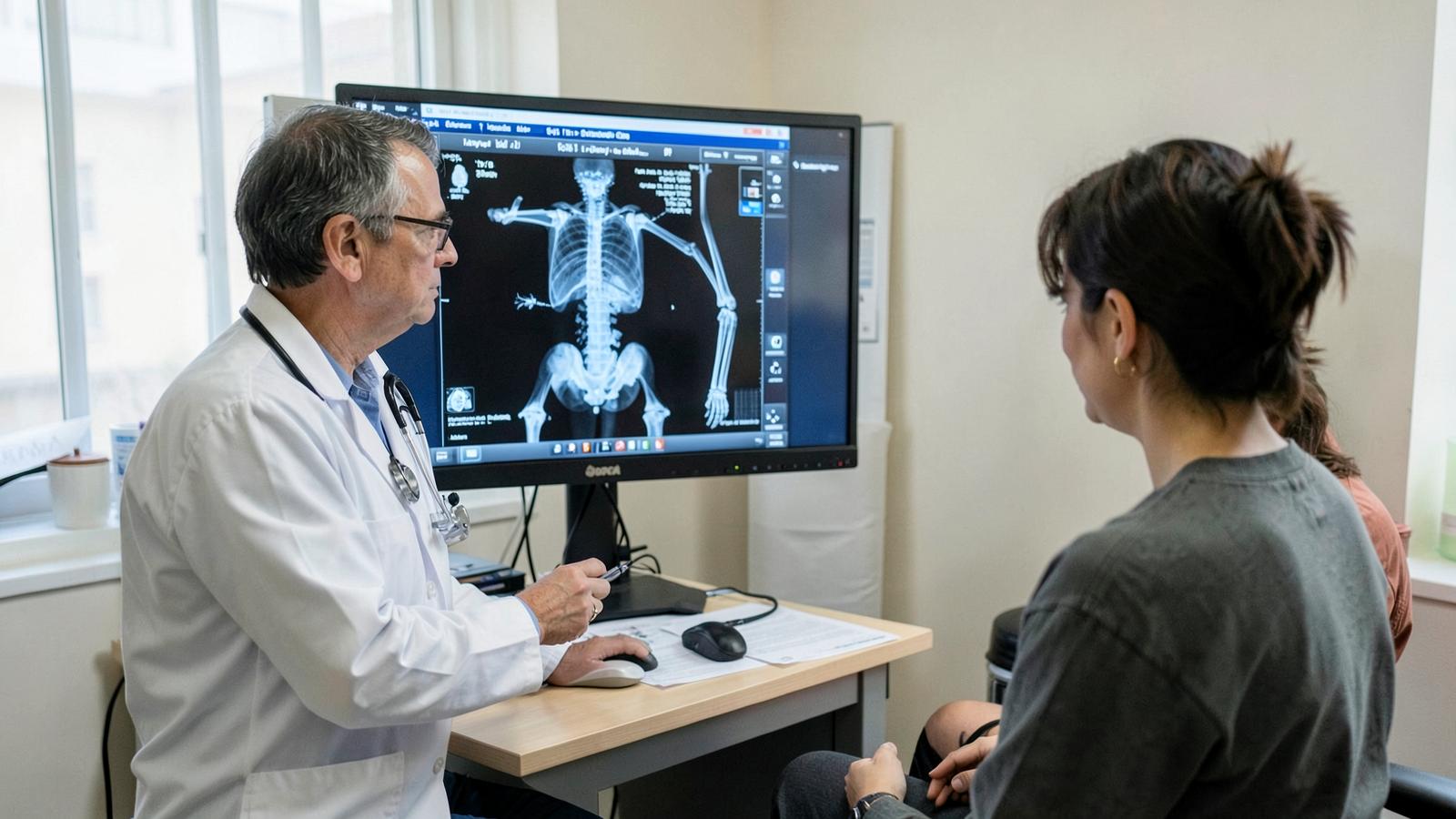 A doctor and a patient look together at a full body skeletal scan on a screen, the kind of imaging used to track fracture risk.