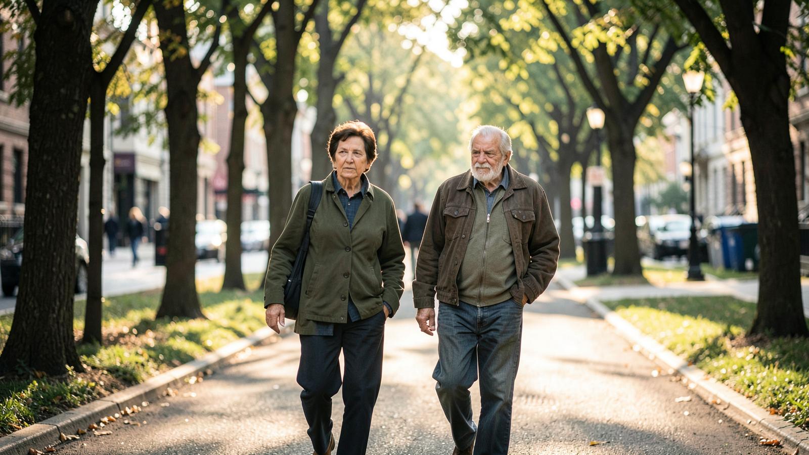 An older couple walks along a tree lined city street in morning light, the kind of sustained lifestyle change clinicians say is worth tracking against.