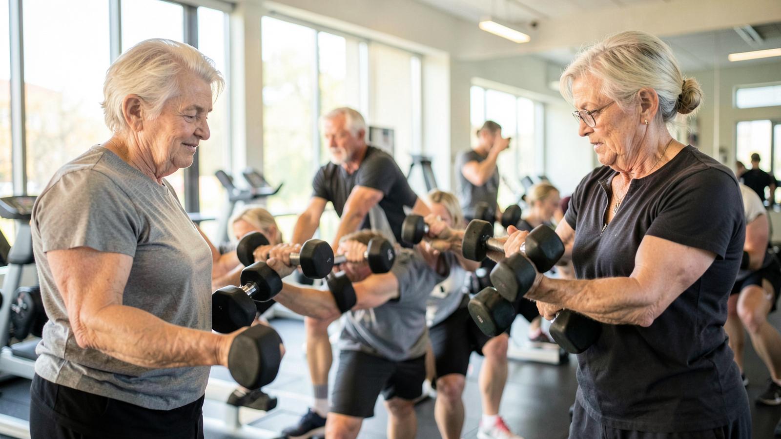 Older adults lift dumbbells together in a bright gym class, the kind of functional strength assessment now used as a hard clinical endpoint in later.